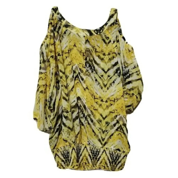 Iz Beyer Blouse Yellow Black Plus Size 1X Womens Career Sheer Cold Shoulder - Picture 2 of 2